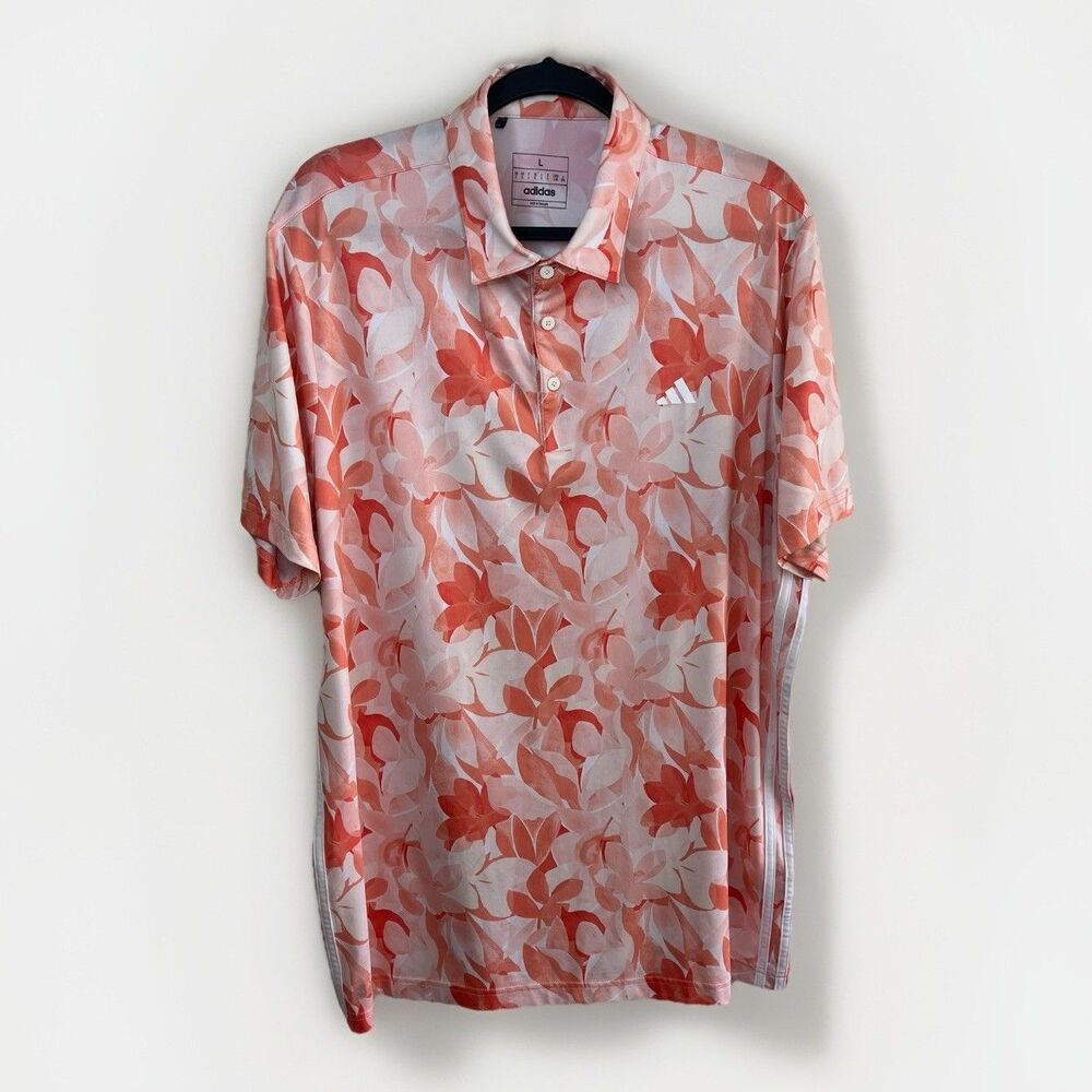 Adidas Golf Polo Shirt Mens Orange Floral All Over Print Performance Size Large